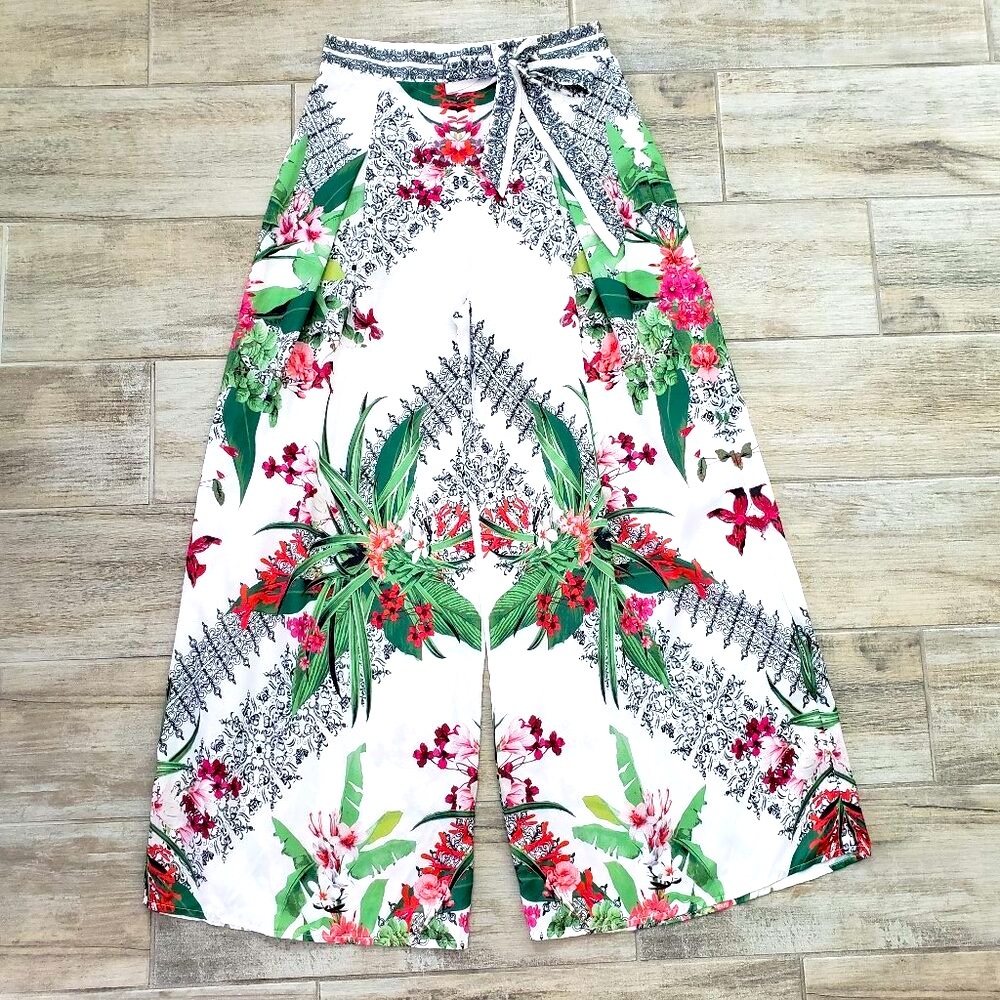 Akira Chicago Black Label Satin Wide Leg‎ Palazzo Pants Women Eastern Floral M